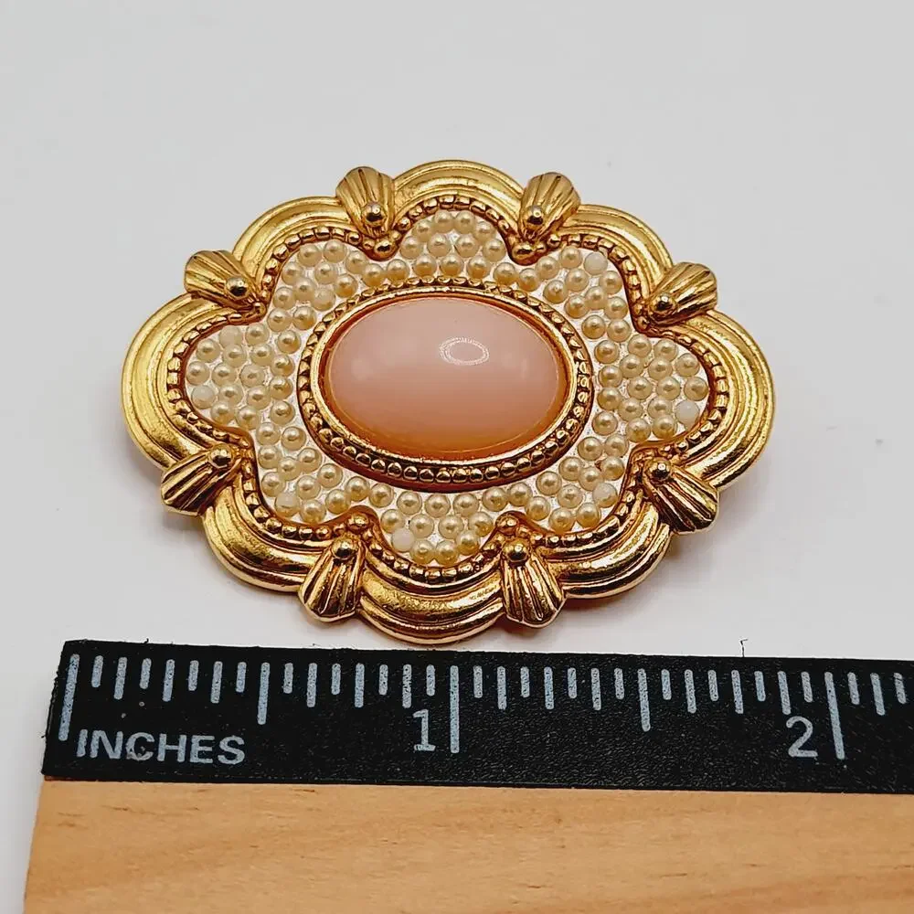 Vintage Gold Tone Brooch, Pink Cabochon Center, Faux Seed Pearl Design